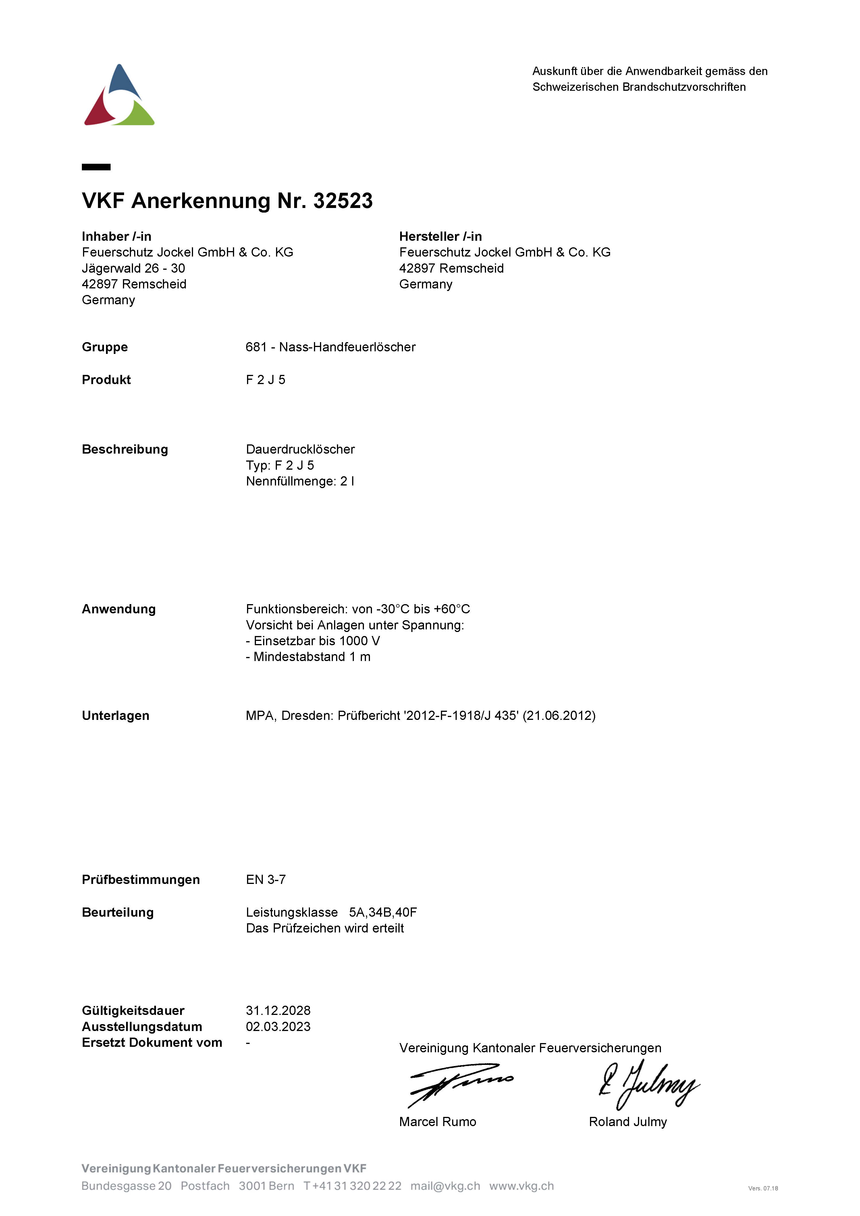 VKF Zulassung Schaum Feuerlöscher 2 Liter